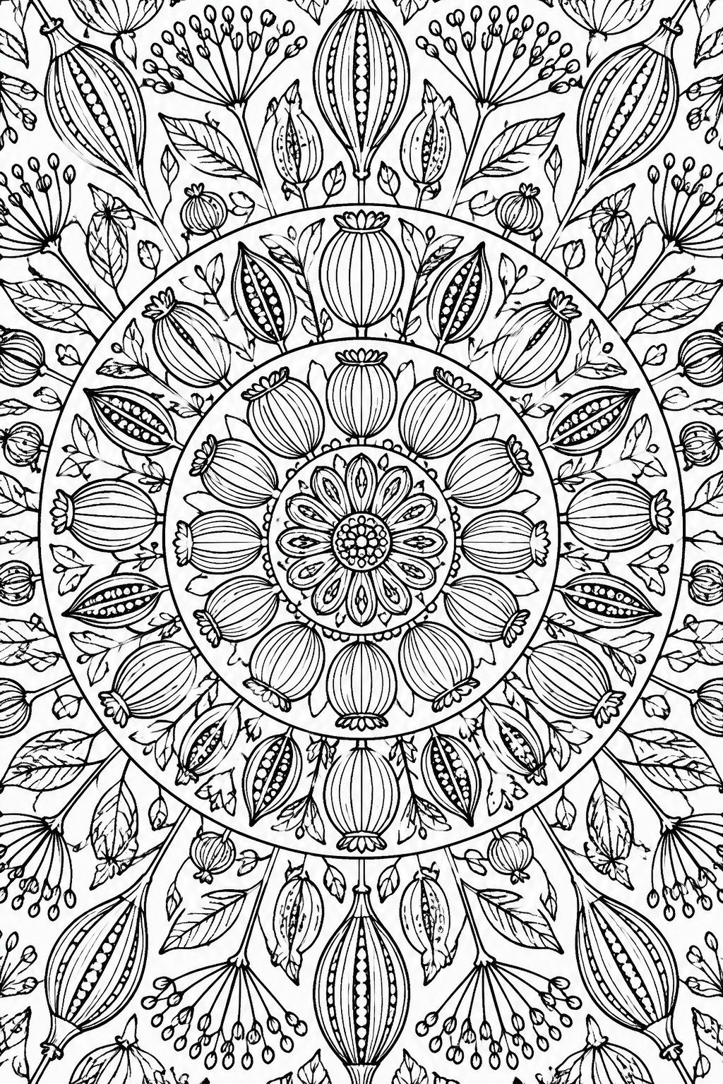 Intricate black-and-white mandala with layered floral patterns, leaves, and seed pods.