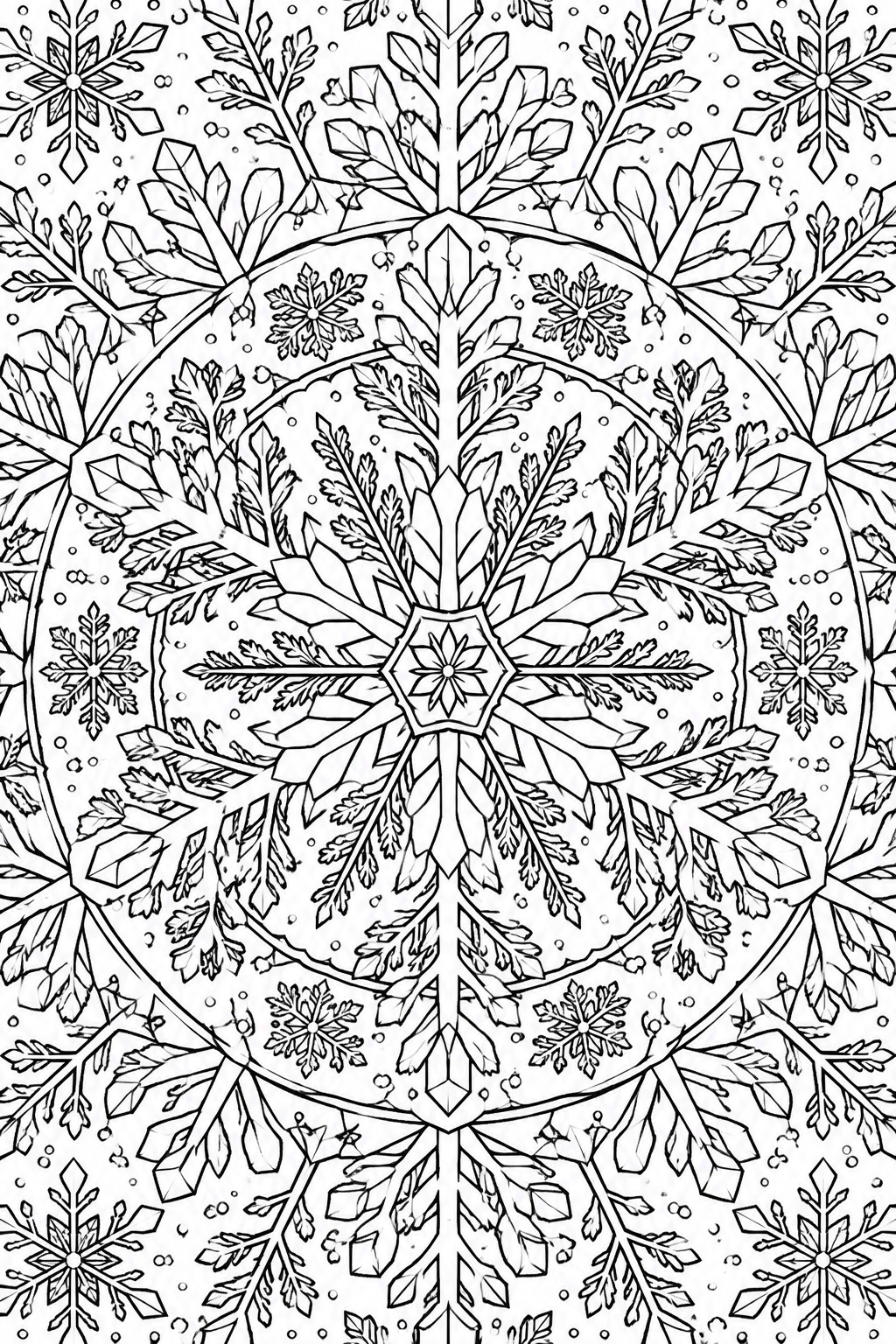 A black and white line drawing of an intricate snowflake mandala with multiple concentric layers of snowflake patterns and small scattered snowflakes around the circle.