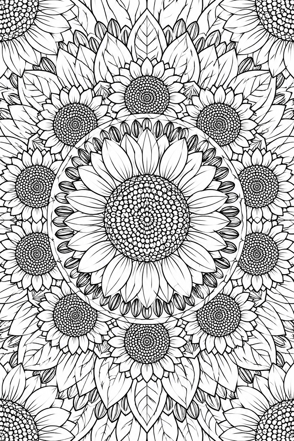 Detailed black and white sunflower mandala with concentric floral layers