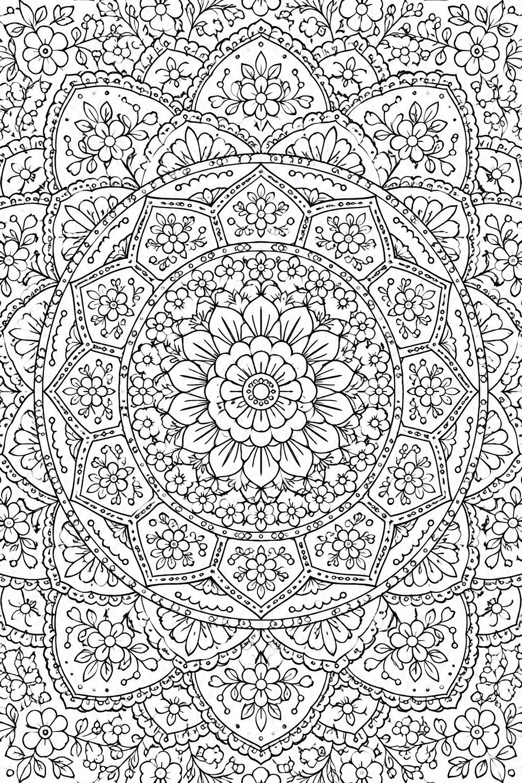 Intricate black-and-white mandala with layered floral patterns and geometric designs.