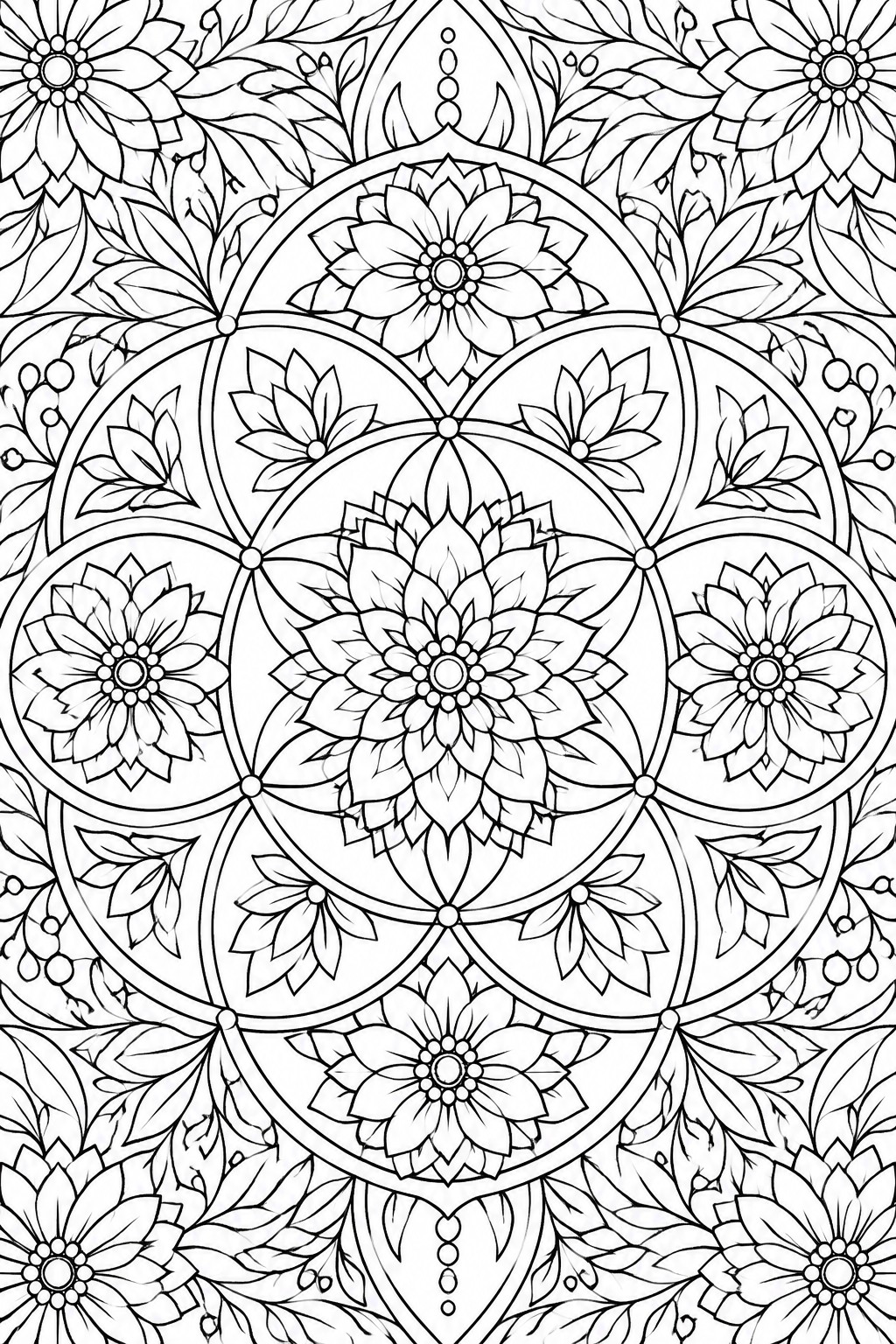 Intricate floral mandala with overlapping circles, detailed flowers, and leafy patterns