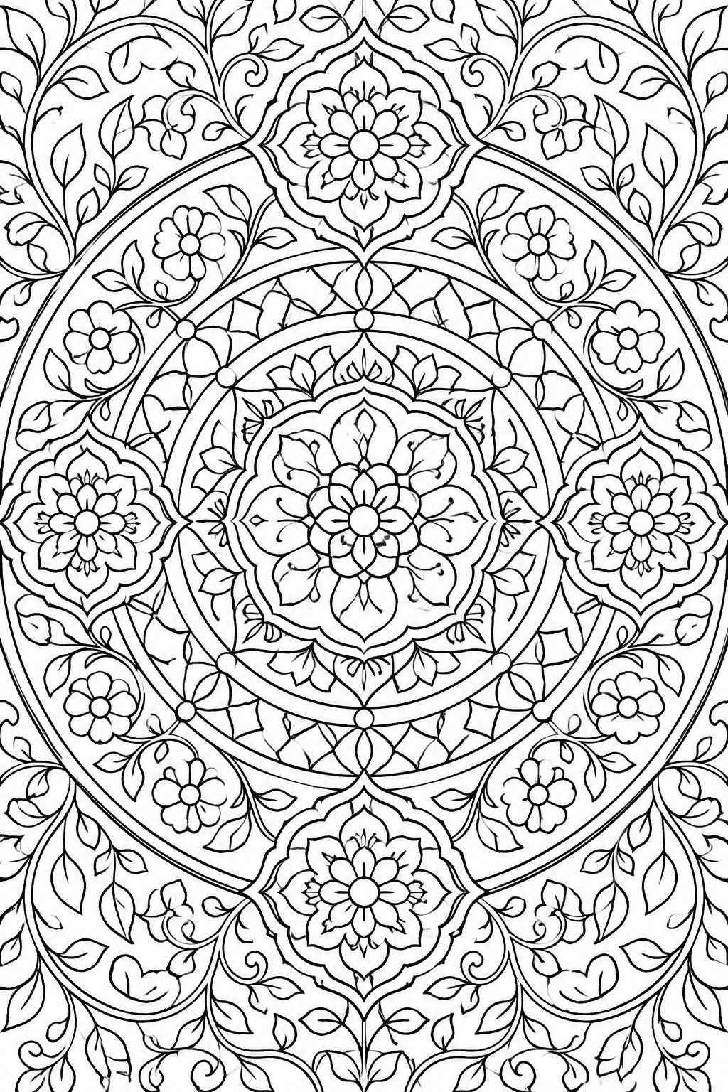 A black and white mandala coloring page with a central flower, multiple concentric rings of smaller flowers and leaves, and outer vine borders.