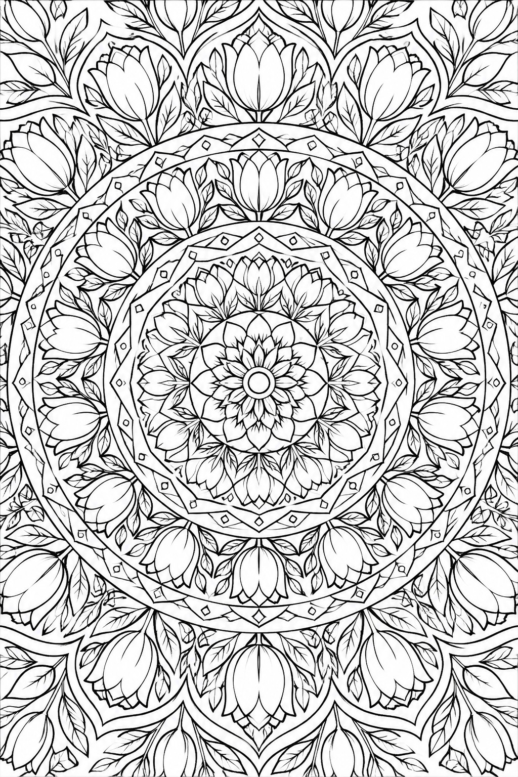 A black and white mandala coloring page featuring concentric rings of tulip shaped flowers and leaves around a detailed central bloom.