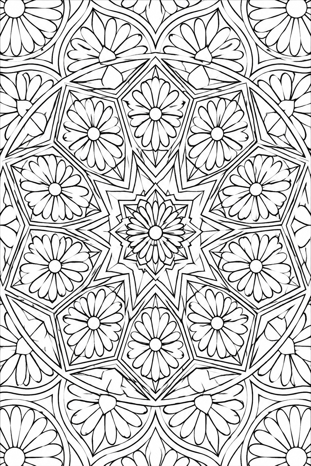 Black and white mandala coloring page with daisy flowers arranged in symmetrical hexagonal and star shaped sections radiating from the center.
