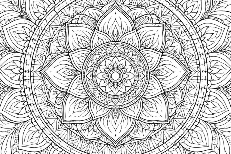 23 Intricate Mandala Coloring Pages Built Around Floral and Geometric Symmetry Intricate black-and-white mandala with layered petals, dots, and geometric patterns.