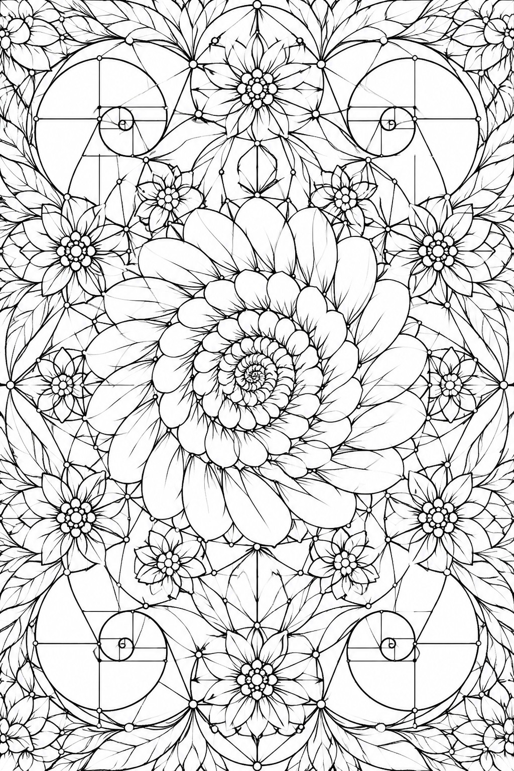 Black and white line art mandala with large central flower, smaller blooms, leaves, and circular frames containing spirals.