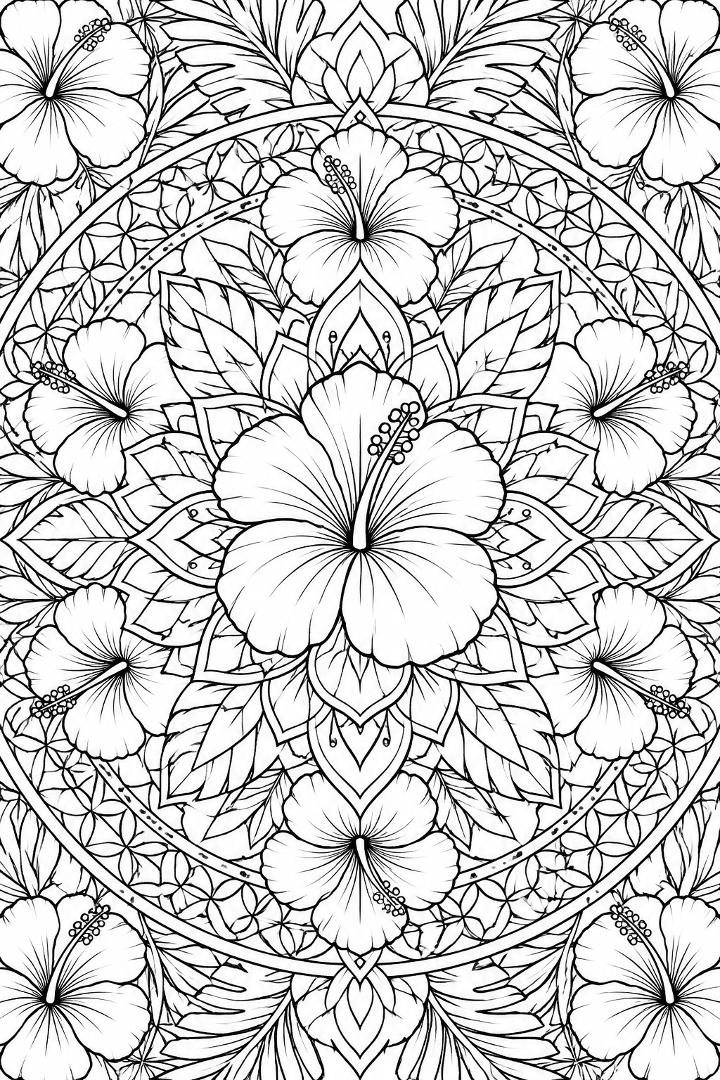 A black and white mandala coloring page filled with hibiscus flowers and leaves in concentric circular layers.