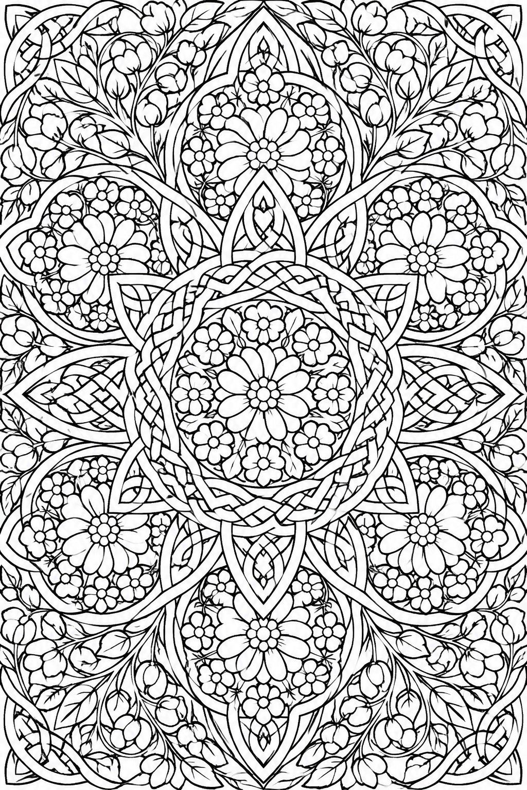 A black and white intricate mandala coloring page with circular floral patterns, braided geometric lines, and surrounding leaves and buds.