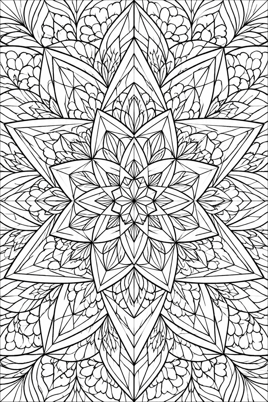 Intricate symmetrical mandala with floral petals, leaves, and geometric star patterns