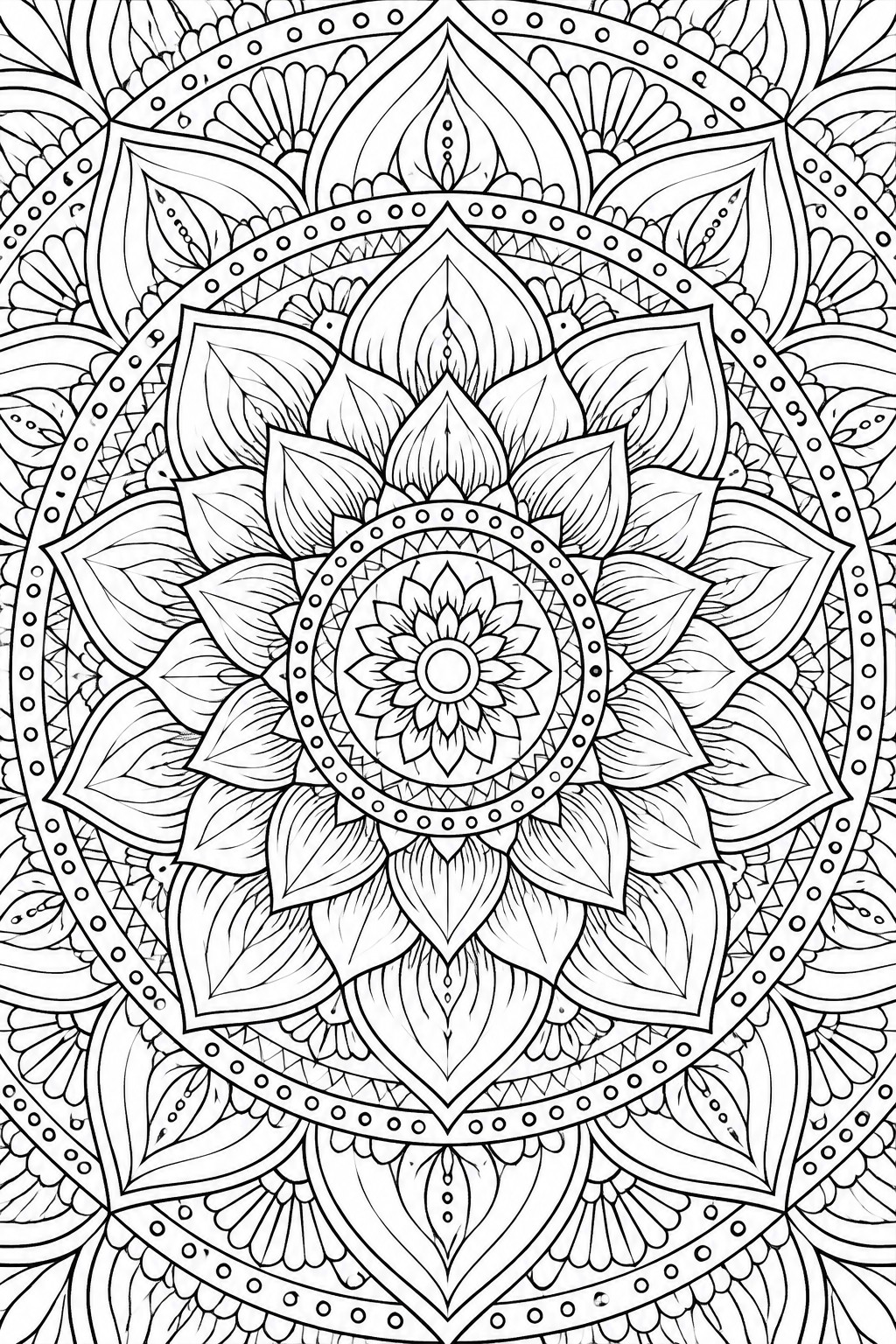 Intricate black-and-white mandala with layered petals, dots, and geometric patterns.