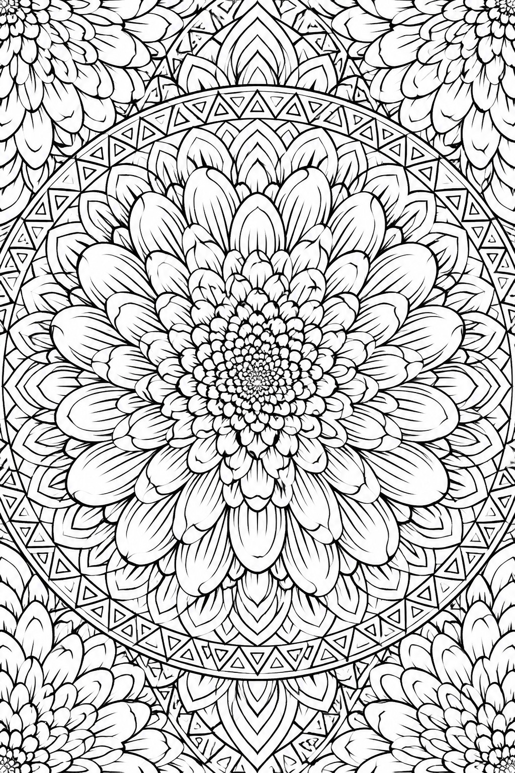 Black and white mandala with large central flower and intricate geometric floral patterns