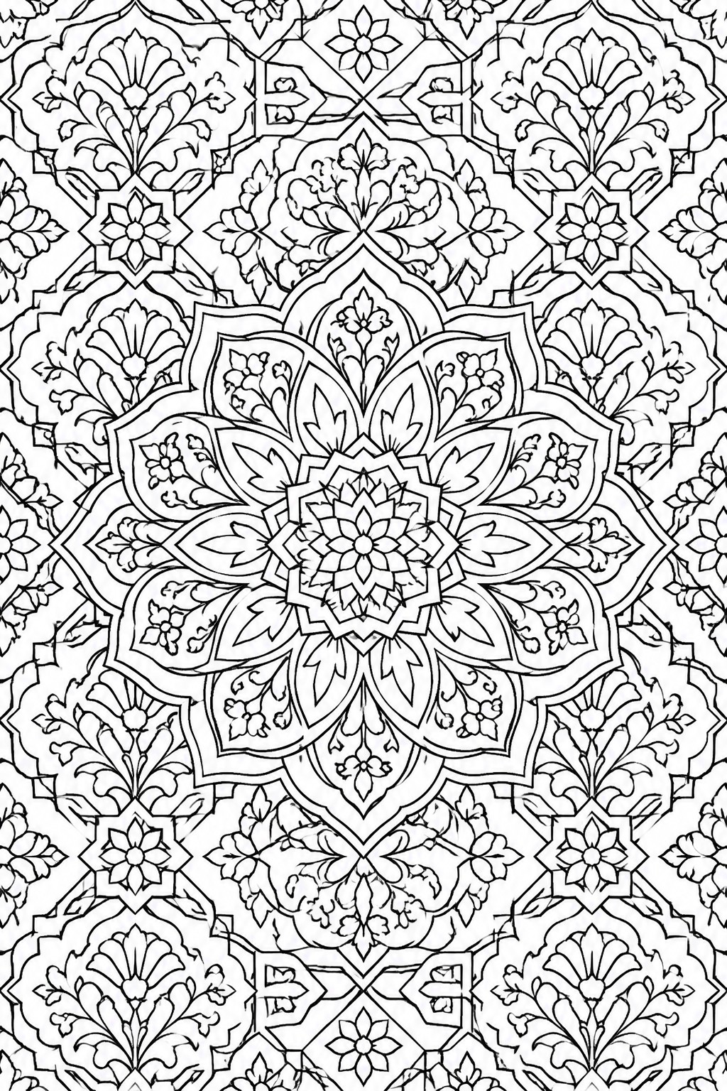 Intricate black and white mandala with floral and geometric patterns for coloring