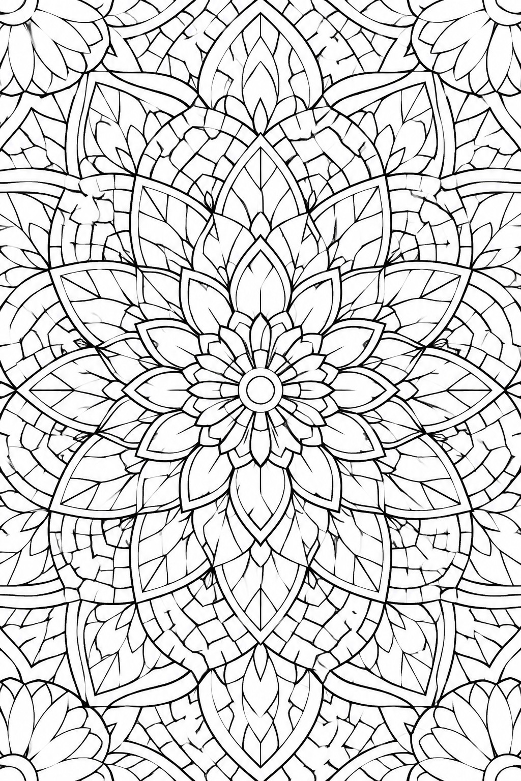 Intricate black and white mandala with symmetrical floral and geometric patterns