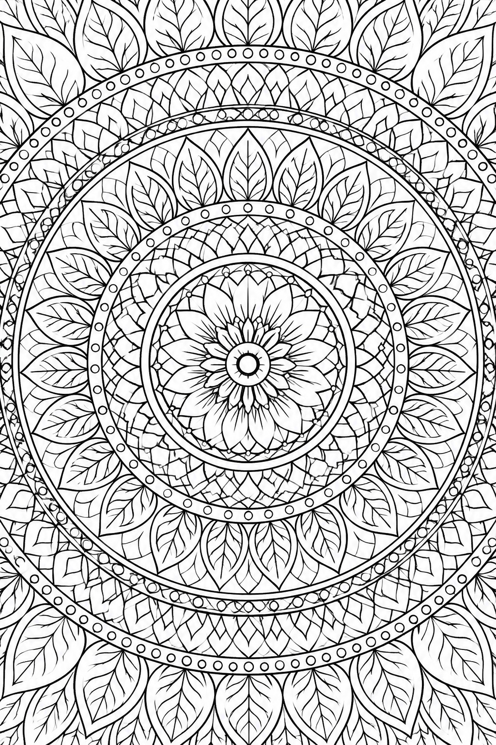 Intricate black-and-white mandala with concentric rings of leaves and floral patterns.