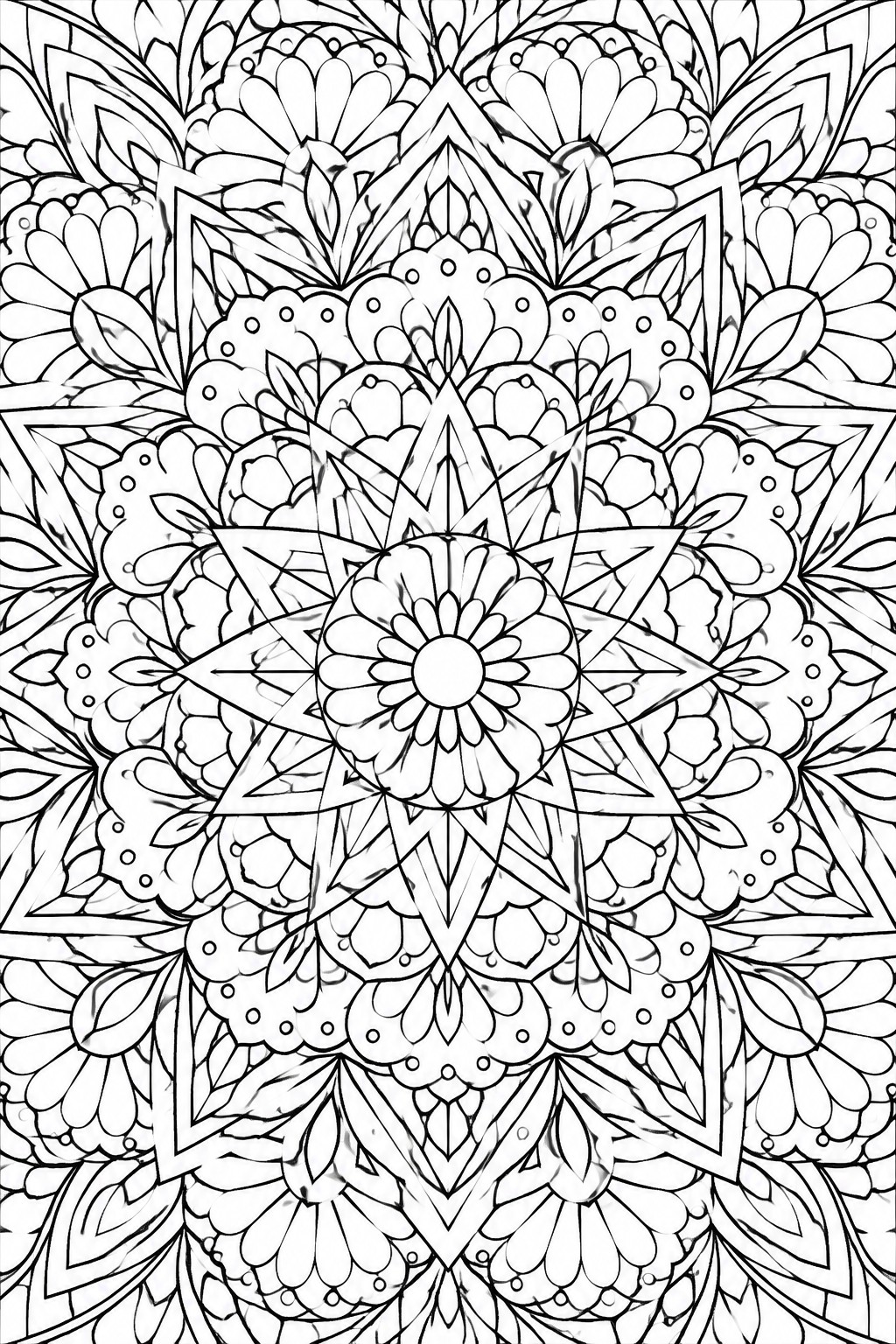 Intricate black-and-white mandala with symmetrical floral petals, leaves, and geometric patterns
