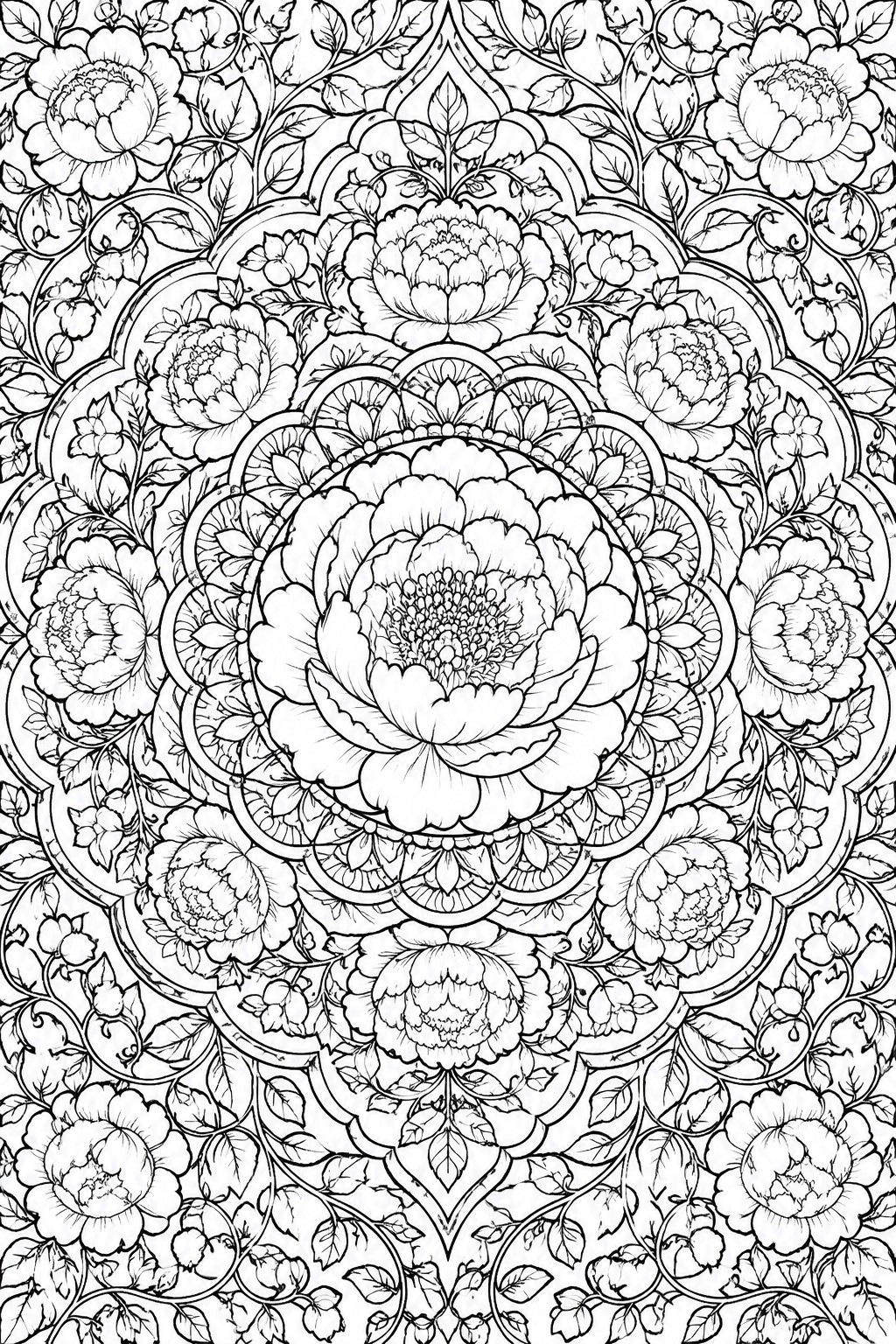 Intricate black and white floral mandala with layered peonies, leaves, and swirling vines.