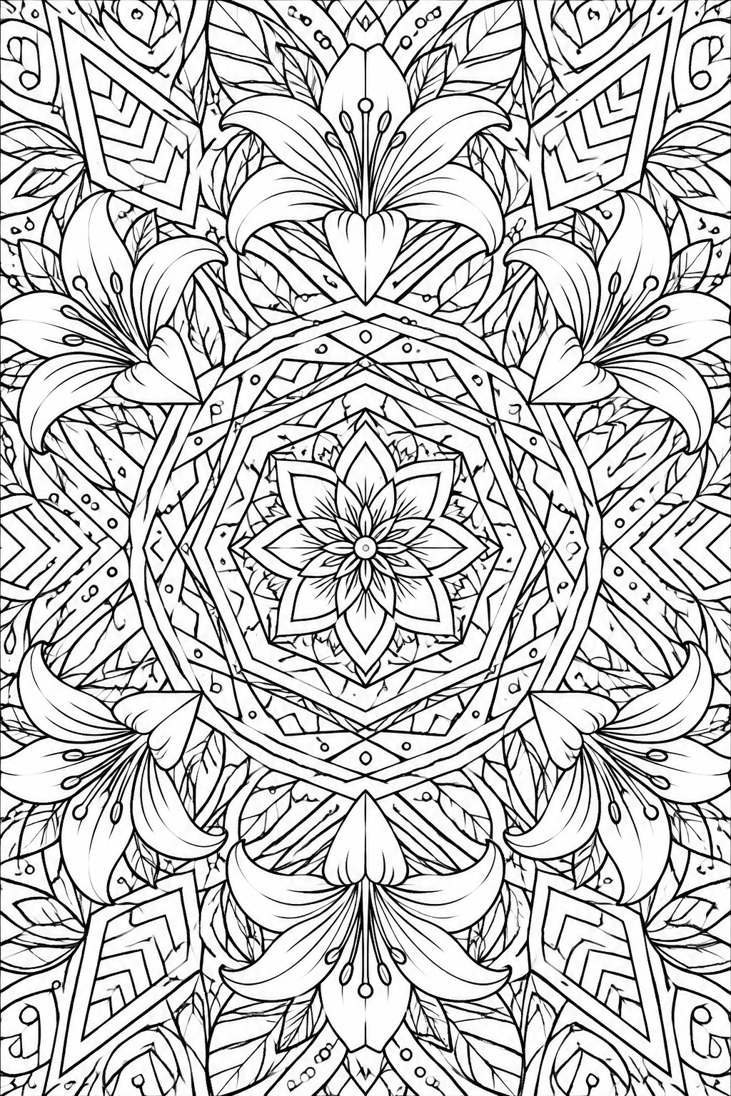 Intricate black-and-white mandala with lilies, leaves, and geometric patterns
