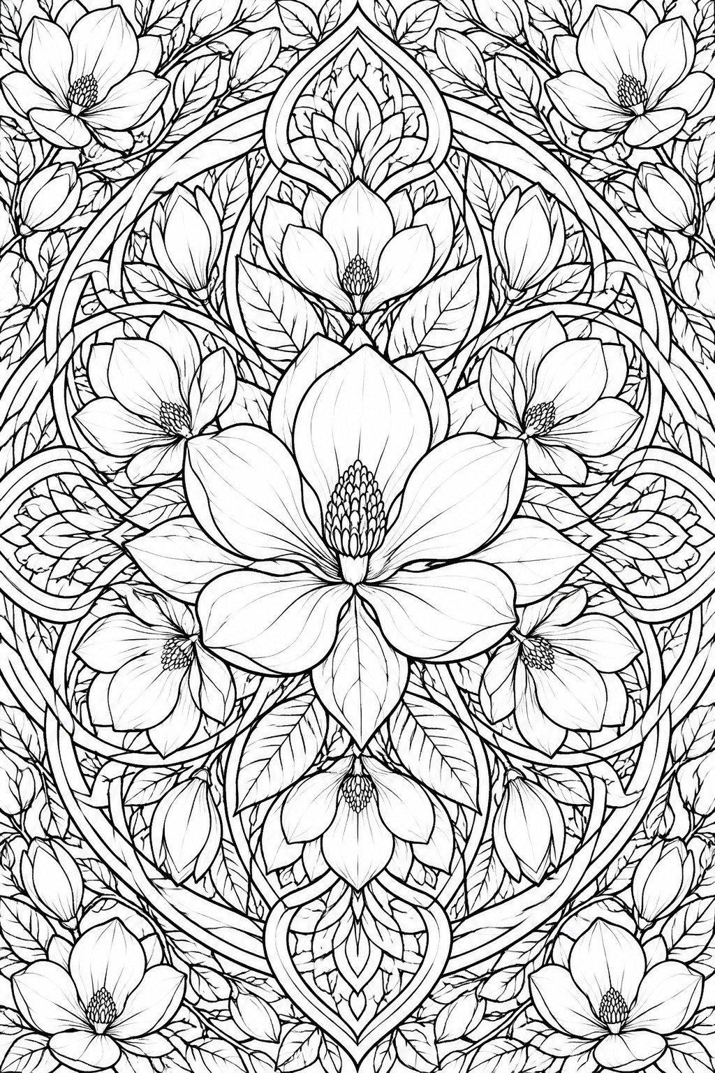 Black and white line art of a symmetrical mandala filled with large magnolia-style flowers, smaller blooms, and layered leaves.