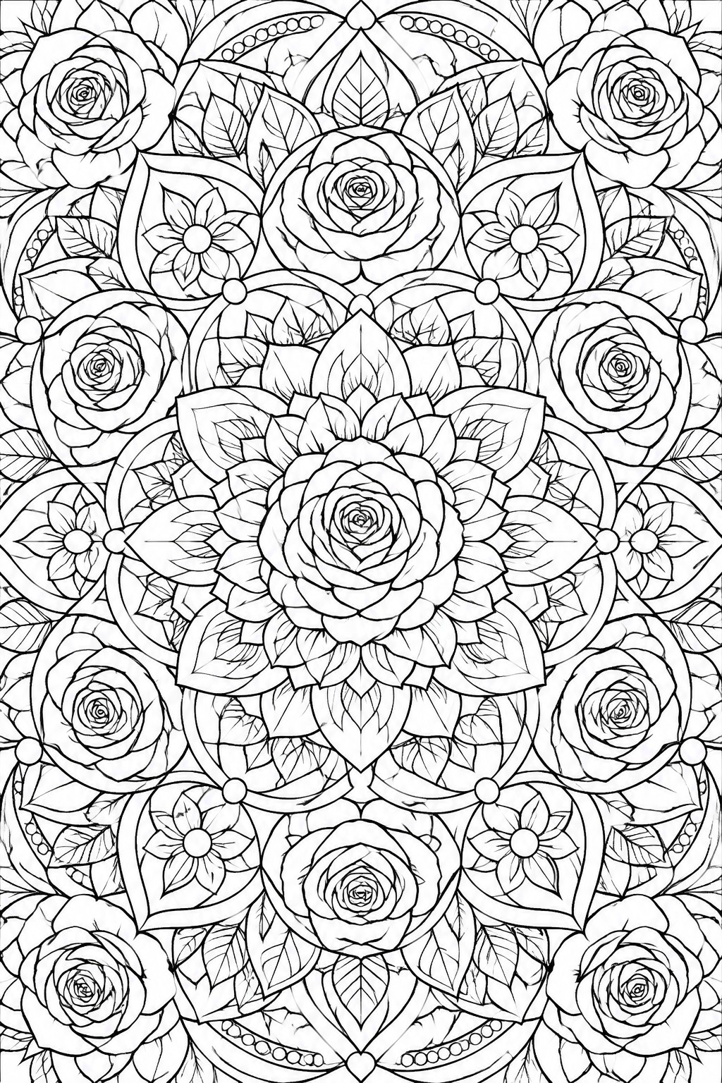 Intricate black-and-white mandala with blooming roses, leaves, and floral patterns