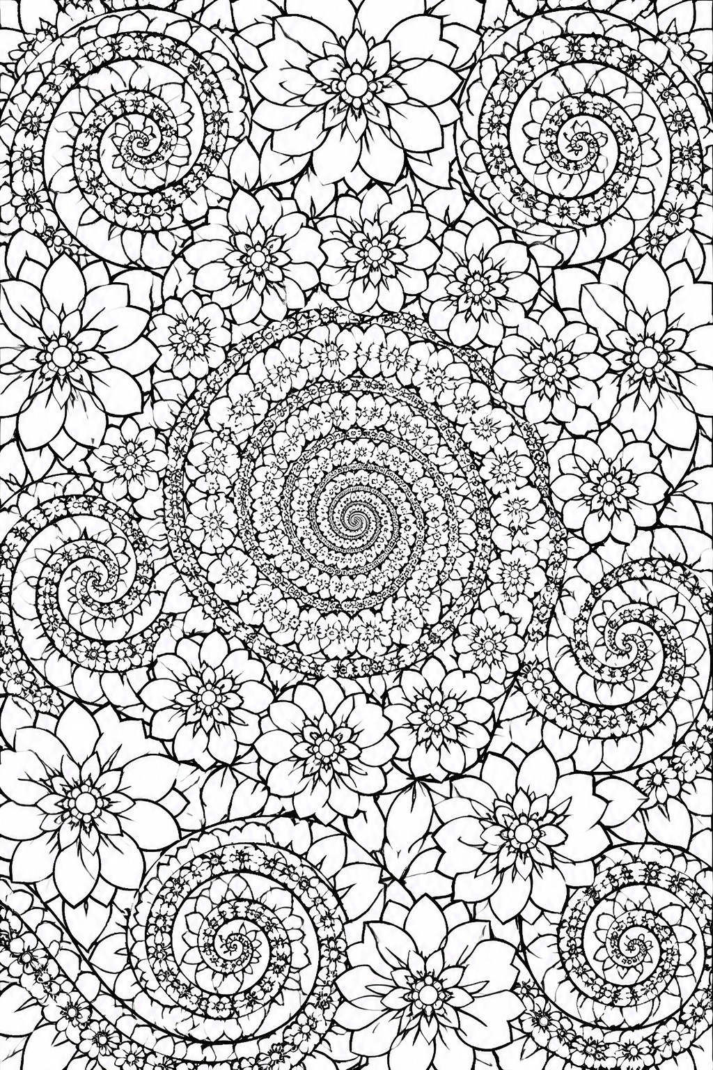 Intricate black and white mandala of flowers, leaves and spiral circles