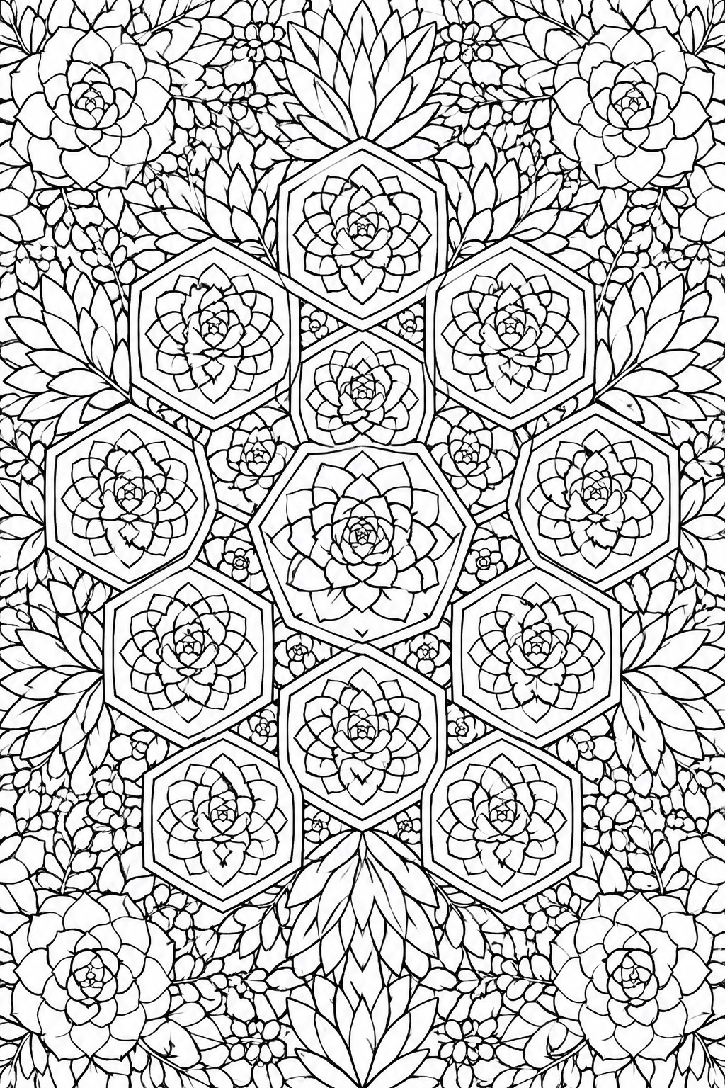 Symmetrical mandala of succulents in hexagons with leaves and floral patterns.