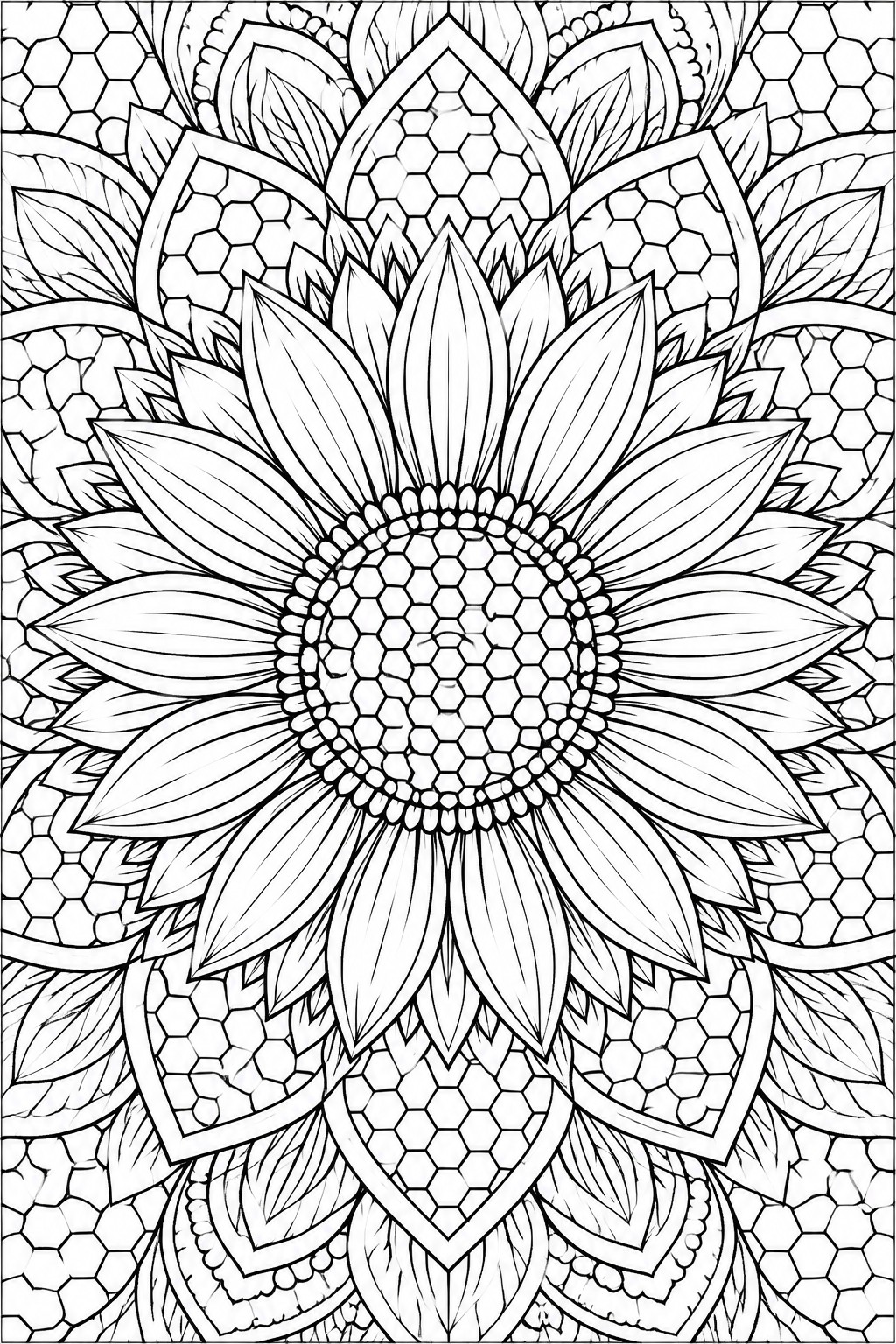 Black and white mandala coloring page showing a central sunflower with layered petals and honeycomb patterns filling the center and background sections.