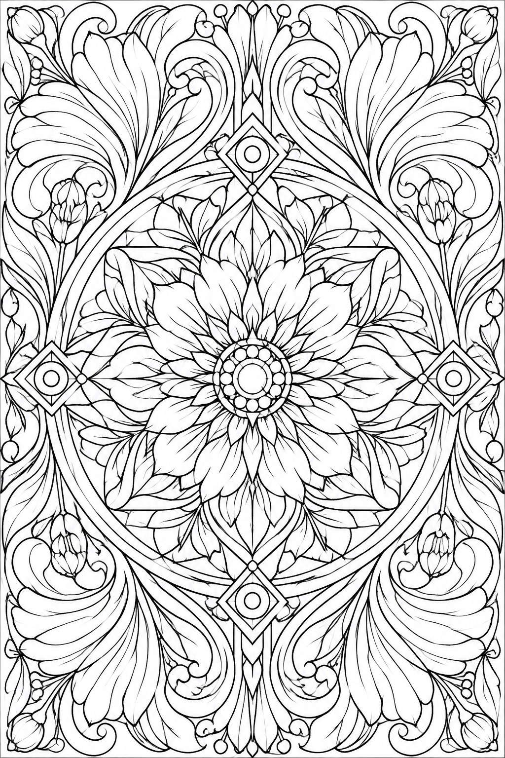 Black and white line art mandala with a central flower, surrounding leaves and swirls, and four diamond shapes with circles on the sides.