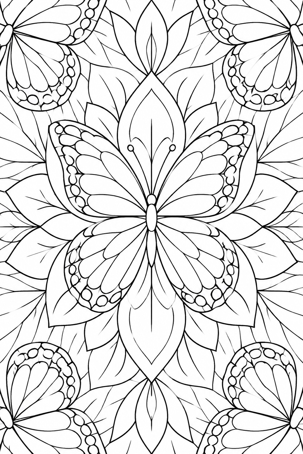 Intricate black-and-white line art of butterflies and leaves in symmetrical mandala design