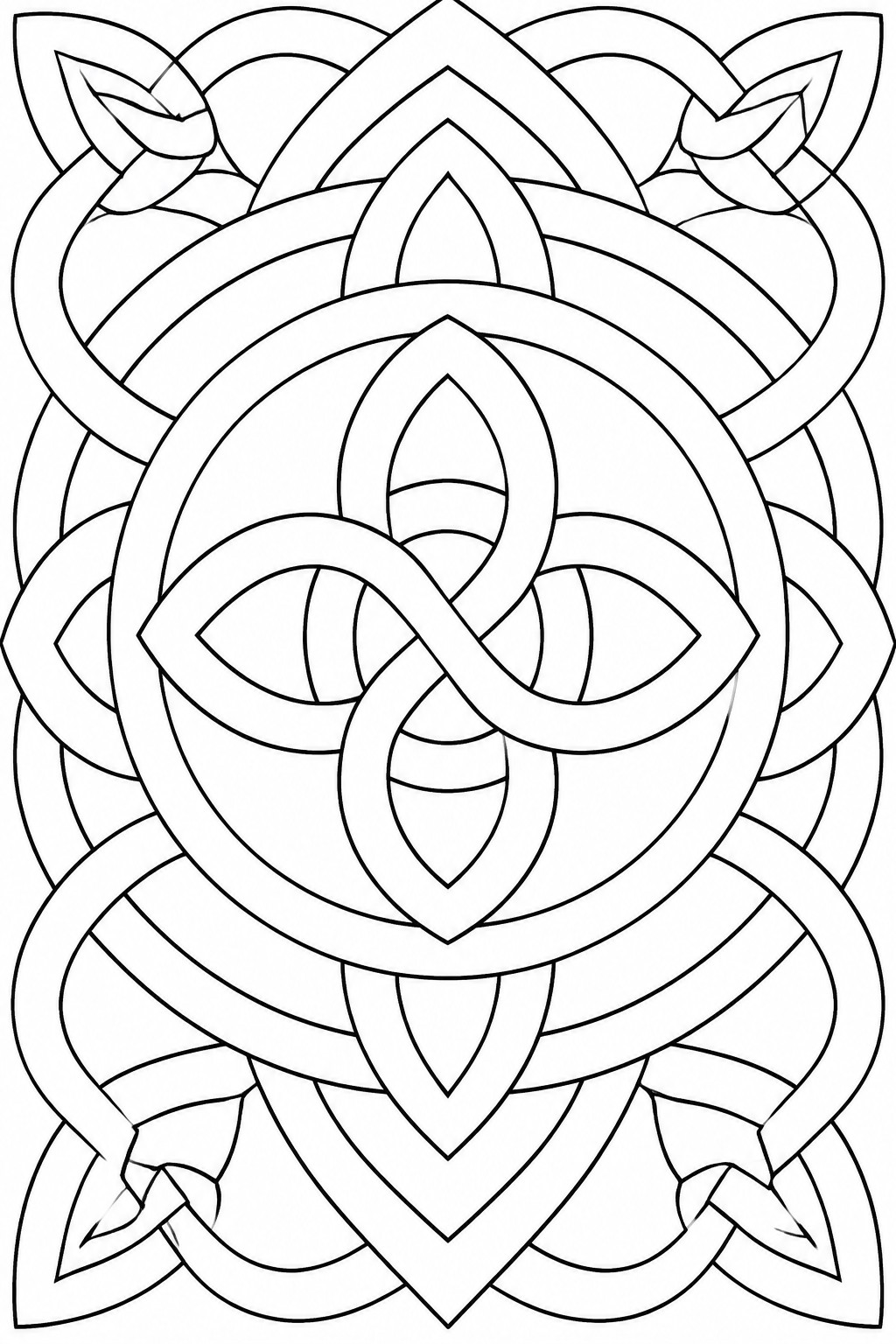 A black and white line drawing of a circular Celtic knot mandala with interwoven loops and pointed petal shapes.