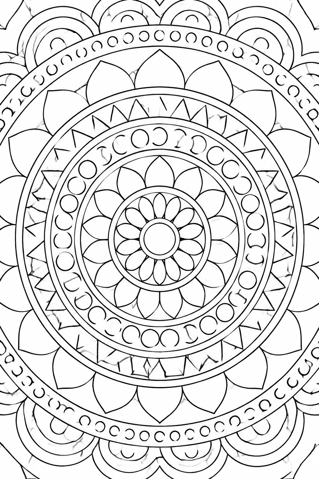 Intricate black-and-white mandala with concentric circles, layered petals, and geometric patterns.