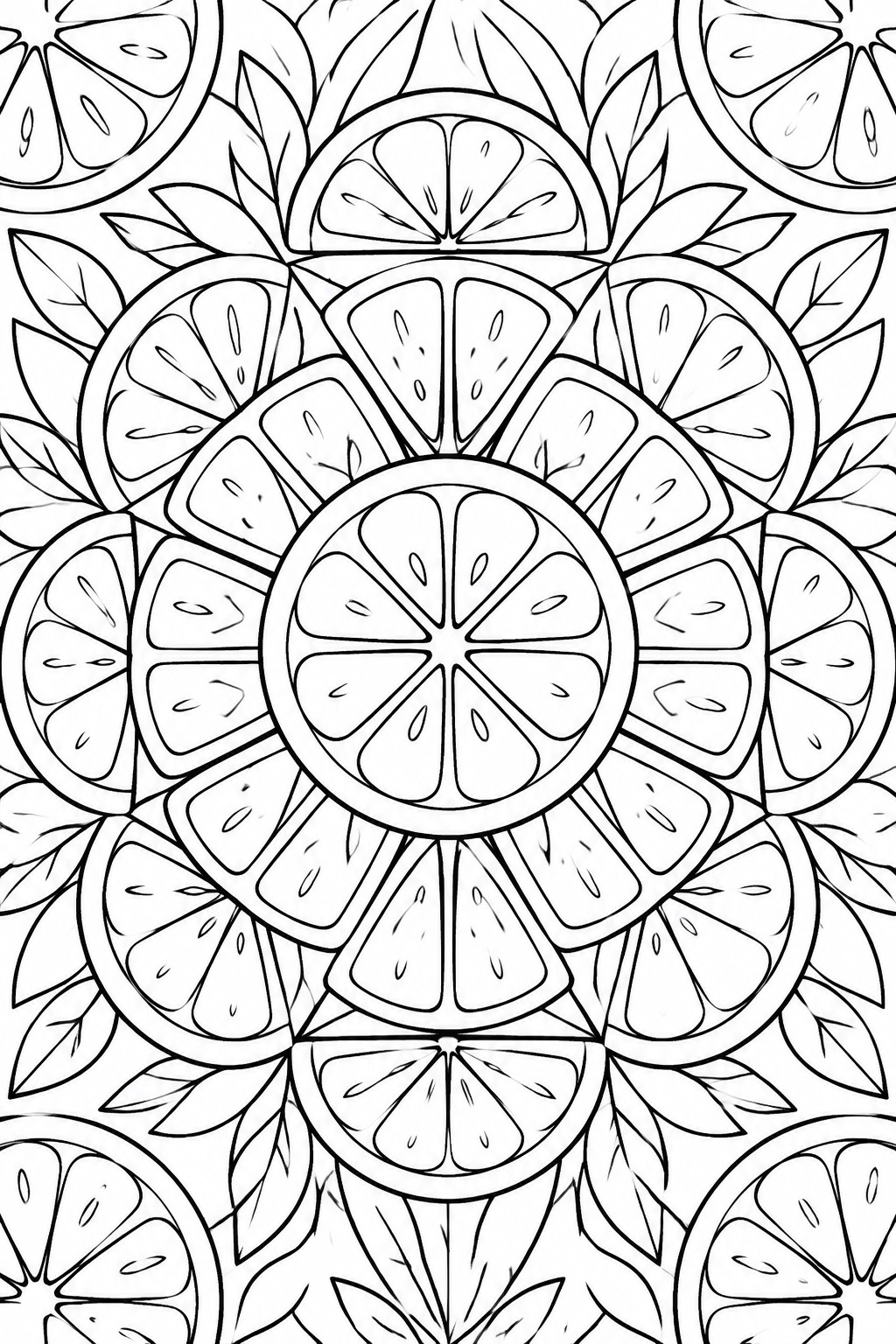 Mandala of citrus slices and leaves in black-and-white line art
