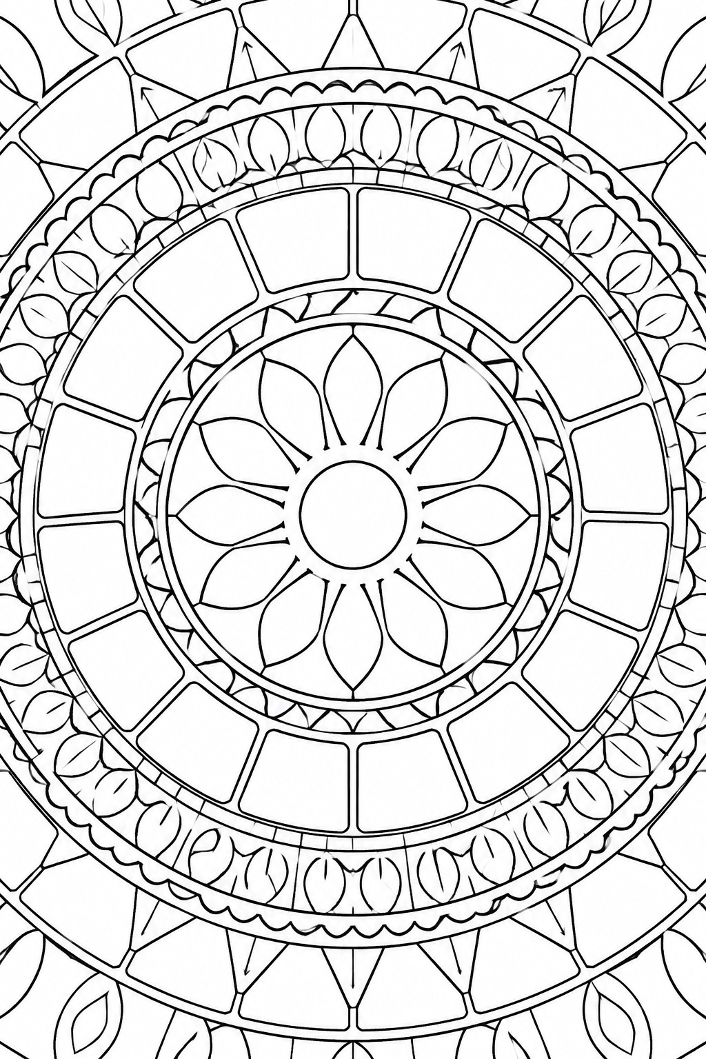A black and white mandala coloring page with a central flower design surrounded by multiple concentric rings featuring leaves and geometric shapes.