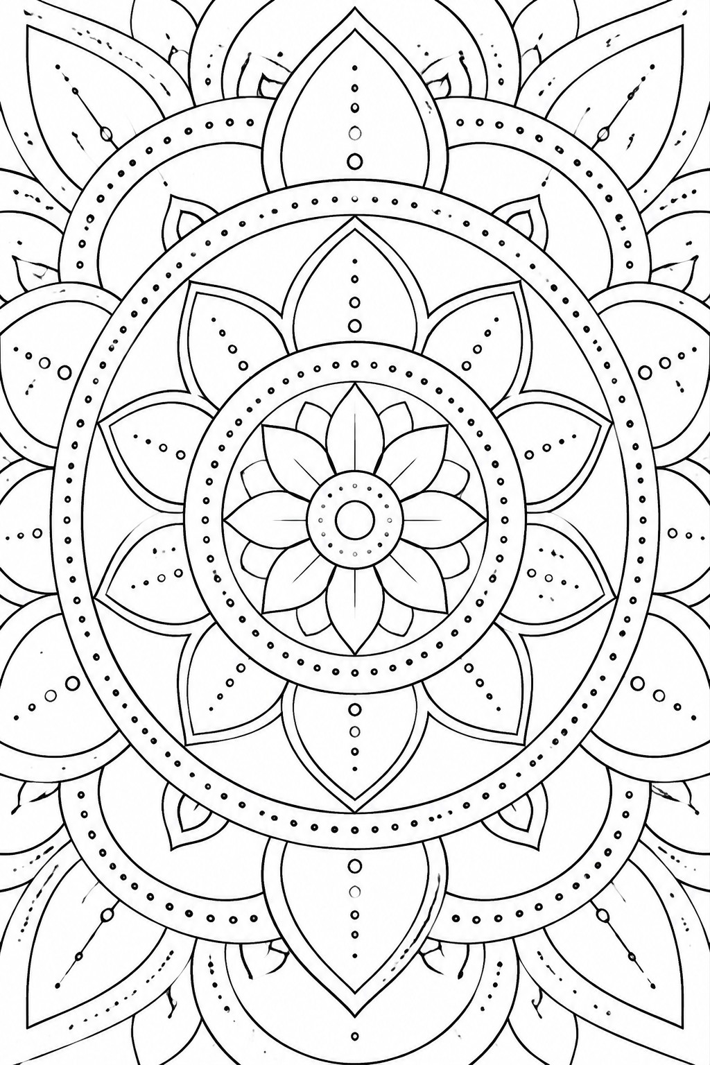Intricate black-and-white mandala with layered floral petals, circles, and dotted patterns.