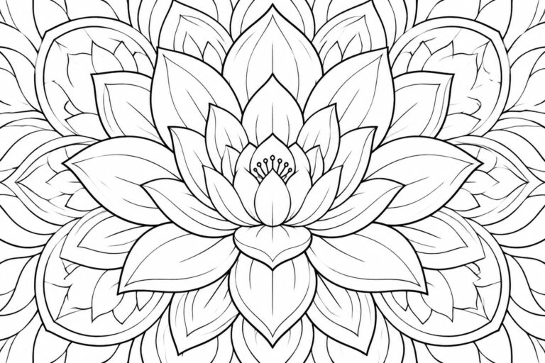 23 Simple Mandala Coloring Pages for Adult Beginners A black and white line drawing of a detailed lotus flower mandala with multiple layers of petals and symmetrical leaf patterns.