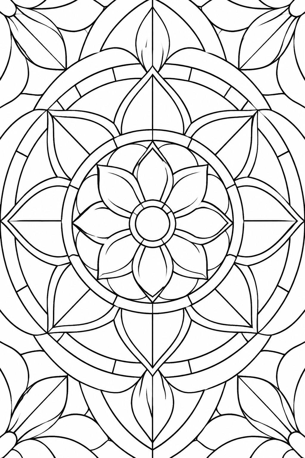 A black and white mandala coloring page with a central flower, concentric circles, and radiating petal and leaf shapes.