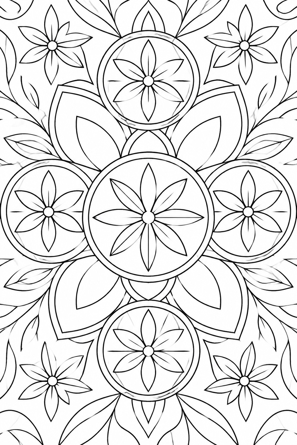 Intricate black-and-white floral mandala with symmetrical circles, flowers, and leaves.