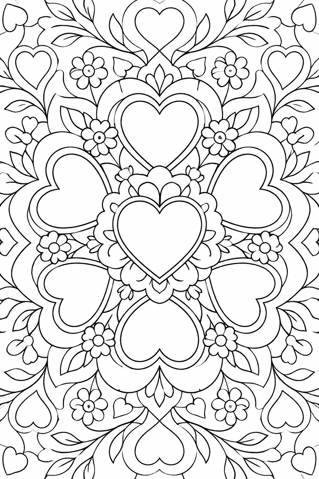 Black and white mandala with hearts, daisies, and leafy vines in line art