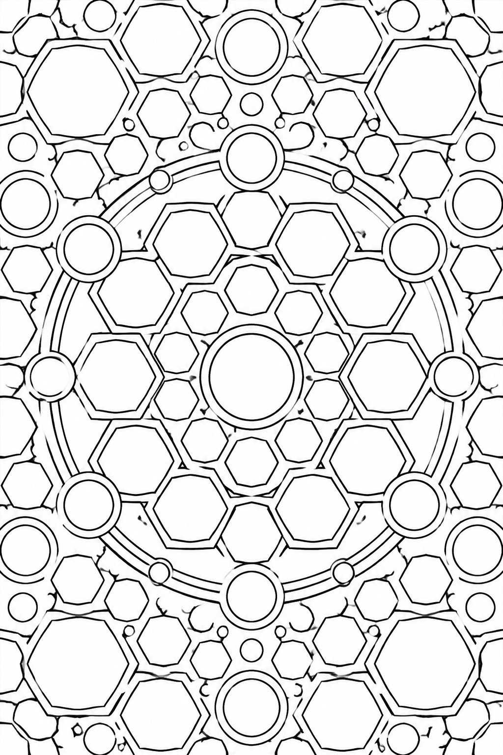 Intricate black-and-white mandala of hexagons and circles in concentric rings.