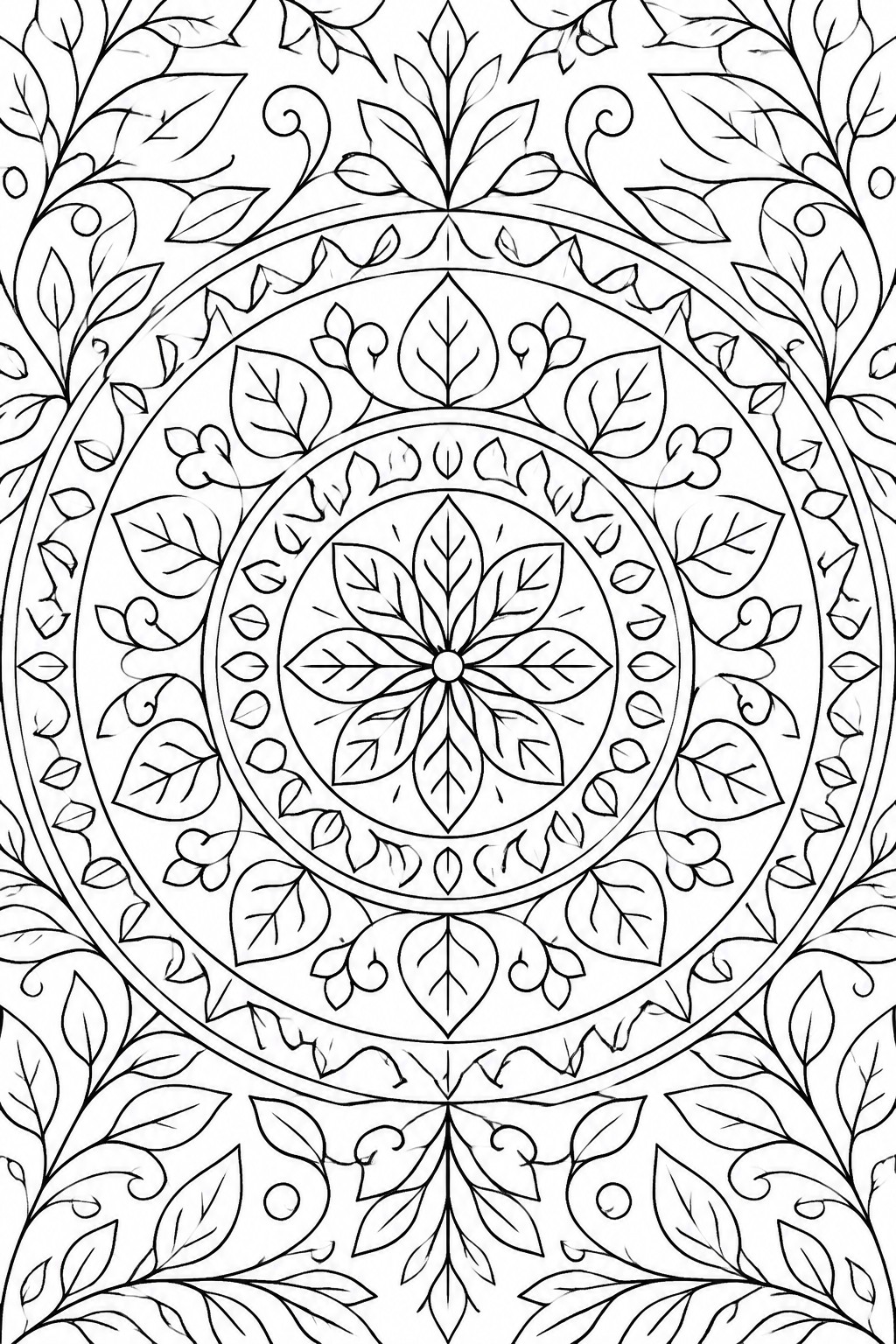 Symmetrical black and white mandala with detailed leaf, vine, and flower patterns