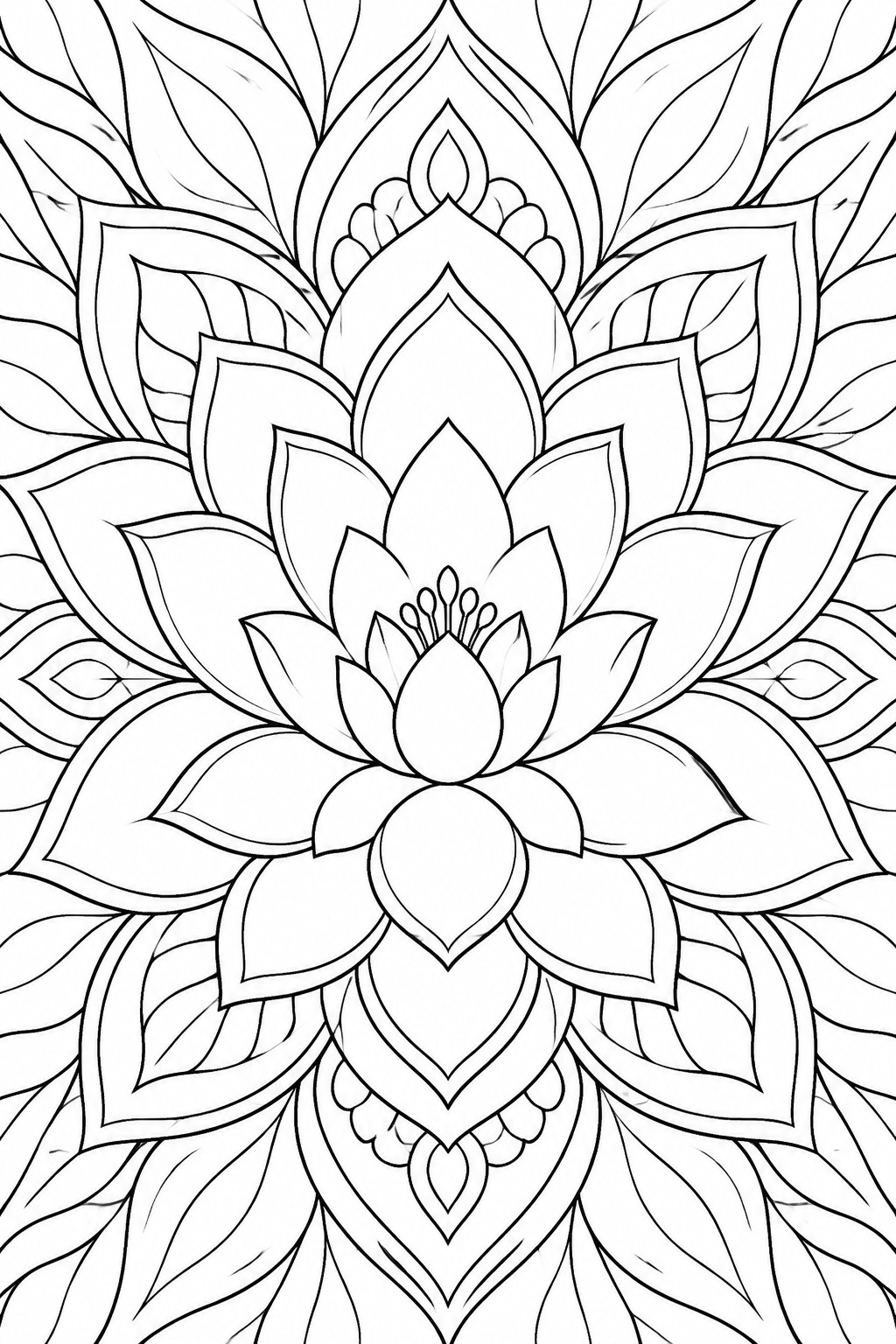 A black and white line drawing of a detailed lotus flower mandala with multiple layers of petals and symmetrical leaf patterns.