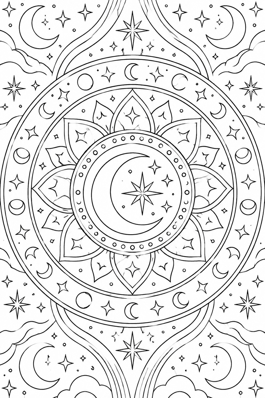 Intricate celestial mandala with crescent moons, stars, lotus petals, and clouds.