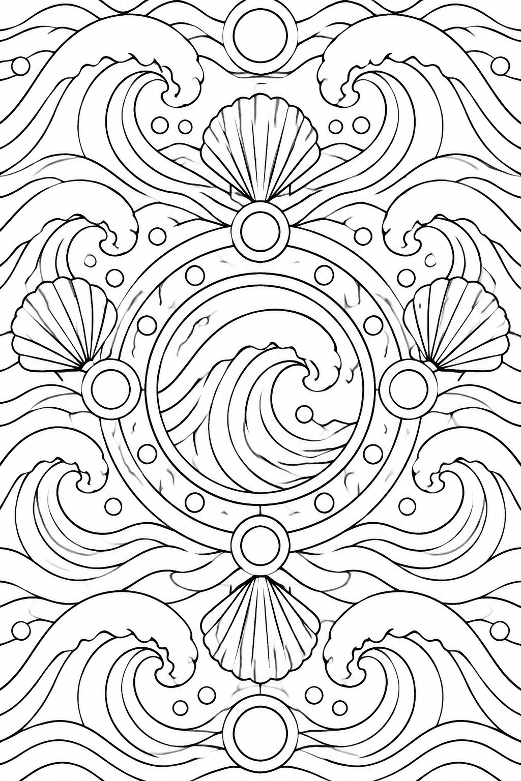 A black and white mandala coloring page with ocean waves, seashells, and circular patterns arranged symmetrically.