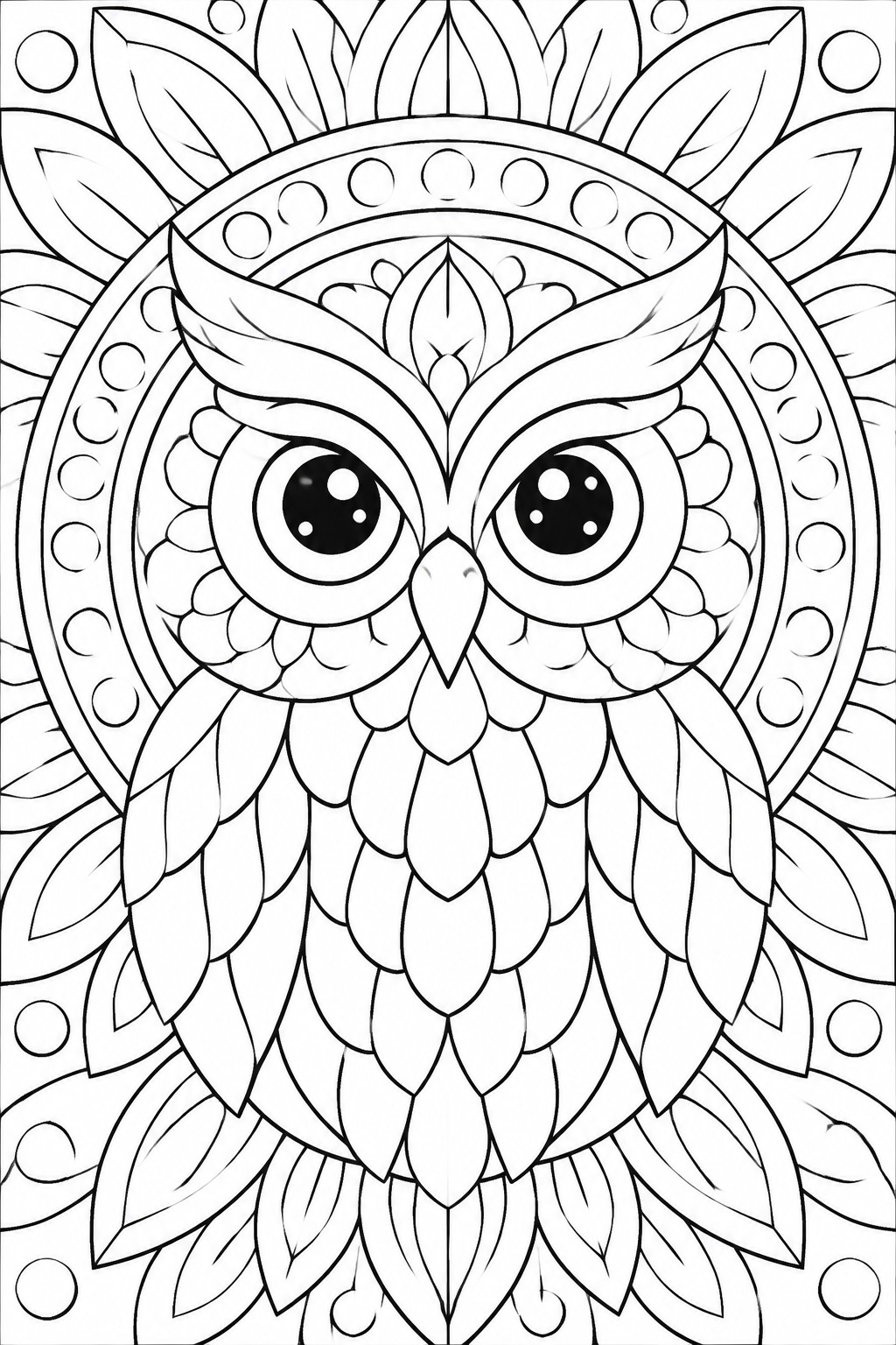 Intricate black-and-white owl mandala coloring page with large eyes and layered feathers