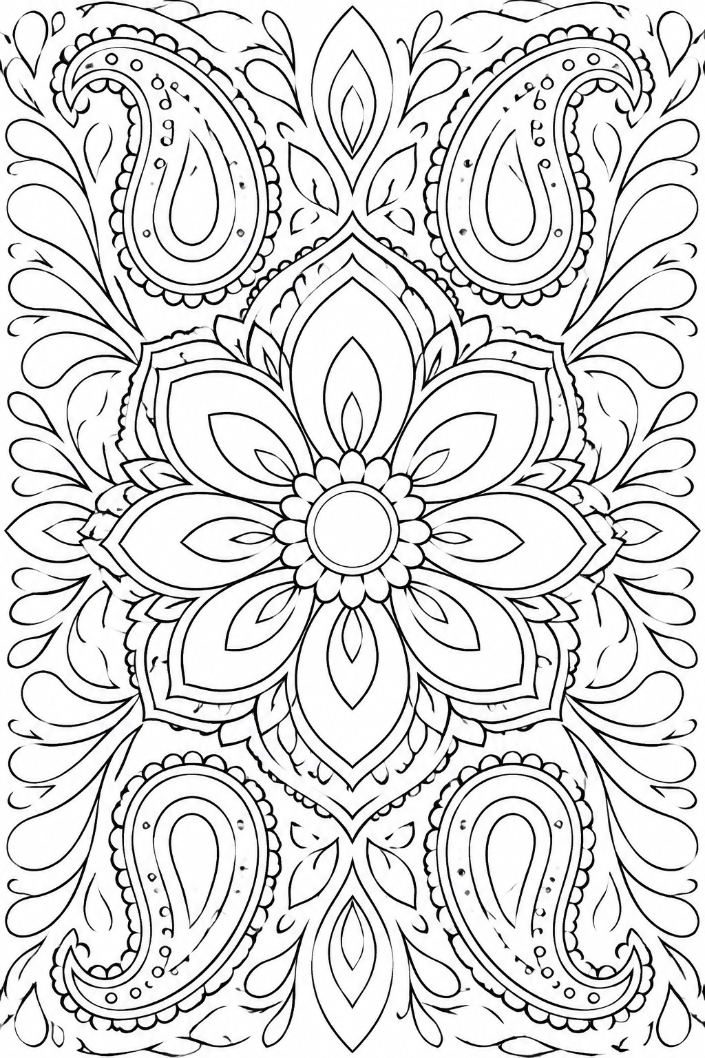 Symmetrical mandala coloring page with central flower and paisley motifs