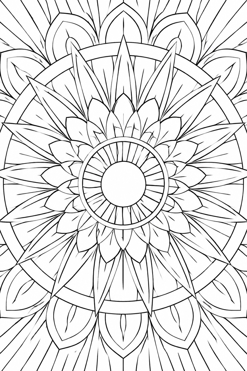 Intricate black-and-white mandala with layered floral petals and geometric patterns.