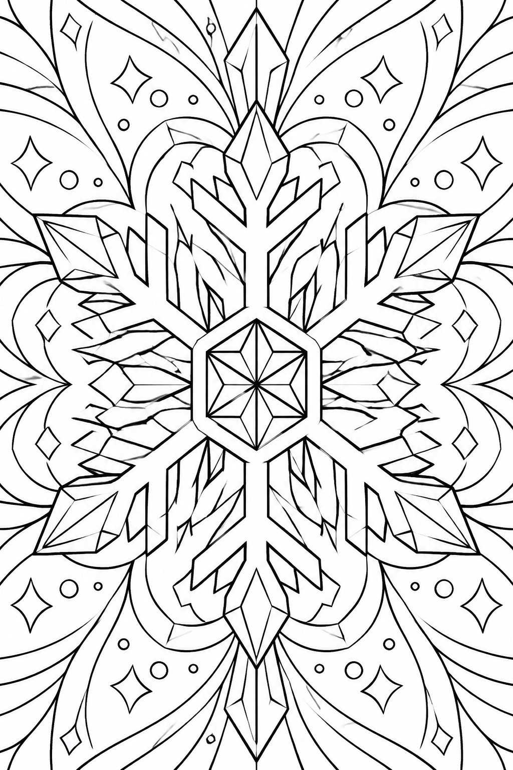 Intricate symmetrical snowflake mandala with faceted crystals, stars, and swirls