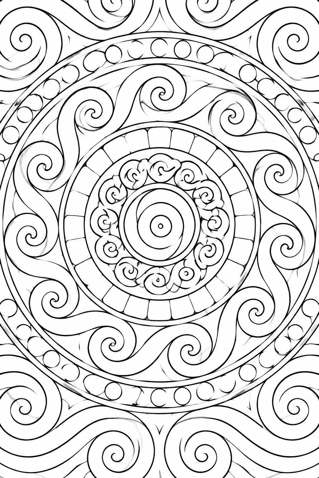 Black and white mandala with intricate spirals, concentric circles, and dotted patterns