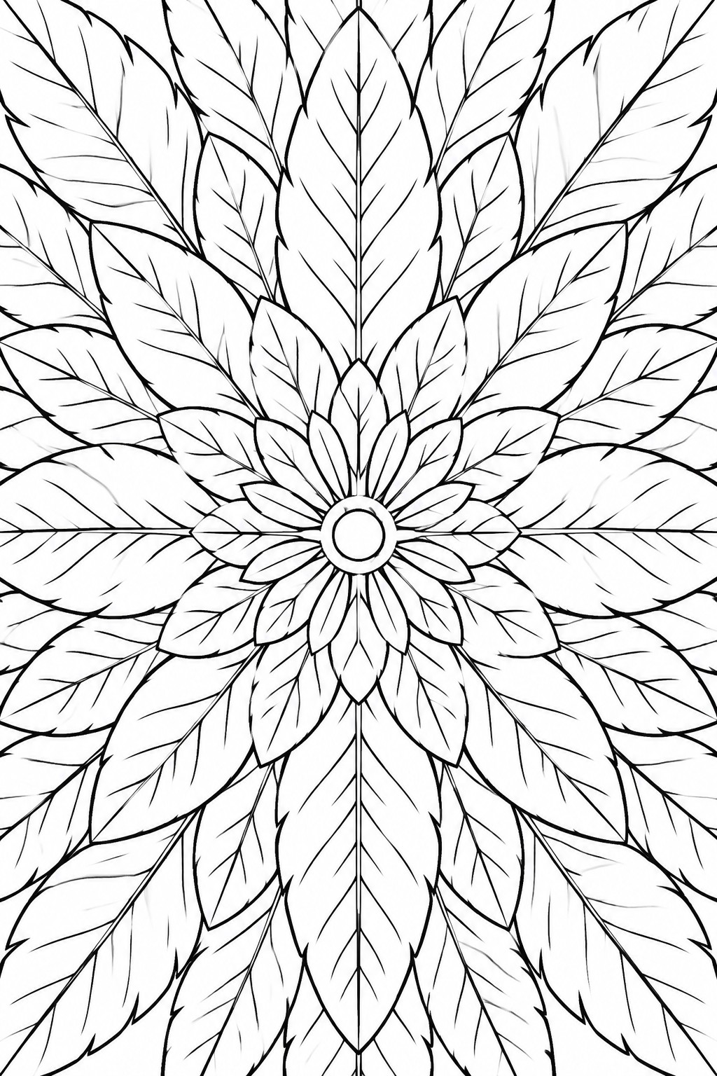 Symmetrical black-and-white mandala of layered leaf shapes radiating from a center circle.