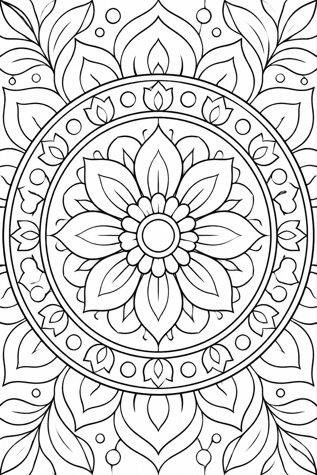 Intricate black-and-white mandala with central flower, layered petals, and leafy patterns.