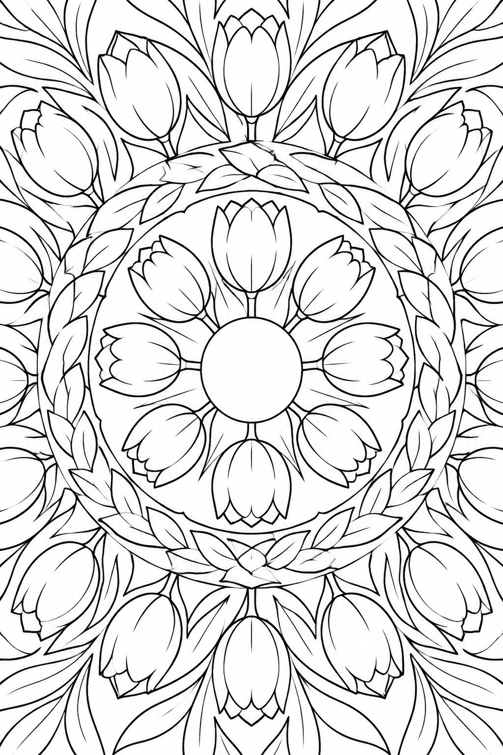 Black and white mandala coloring page with tulips arranged in concentric circles around a central circle and leaves filling the gaps between rings.